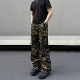 Threebooy Mens Denim Trousers Vintage American Retro High Street Camouflage Functional Design Straight Durable Versatile Trousers Summer